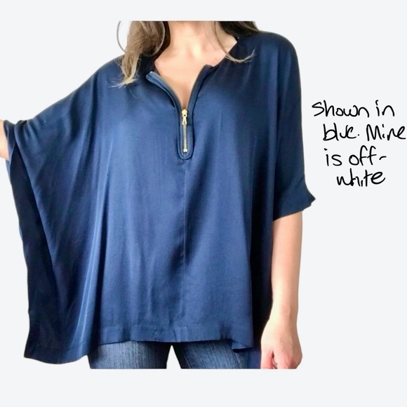 VINCE OFF WHITE/IVORY SILK PONCHO 1/4 ZIP SHORT SLEEVE BLOUSE - Picture 2 of 15